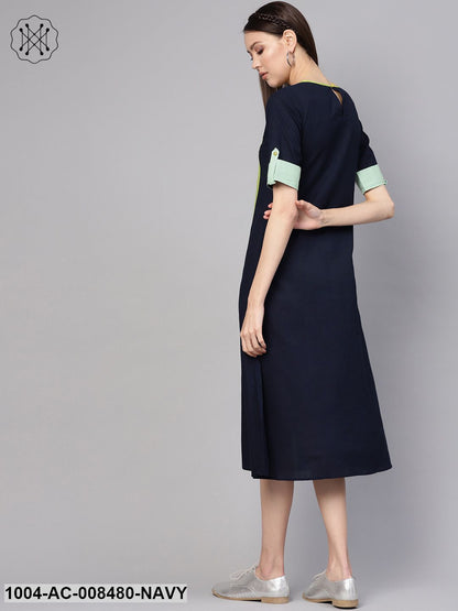 Navy Blue Color Blocked Panel Dress With Round Neck & Half Sleeves
