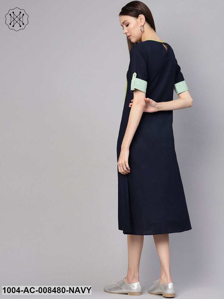 Navy Blue Color Blocked Panel Dress With Round Neck &amp; Half Sleeves