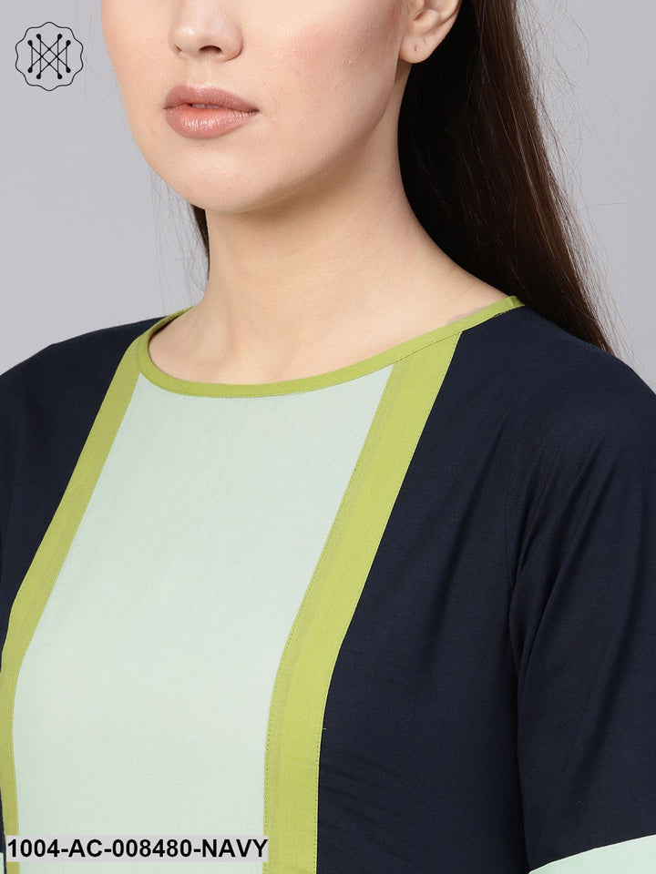 Navy Blue Color Blocked Panel Dress With Round Neck &amp; Half Sleeves