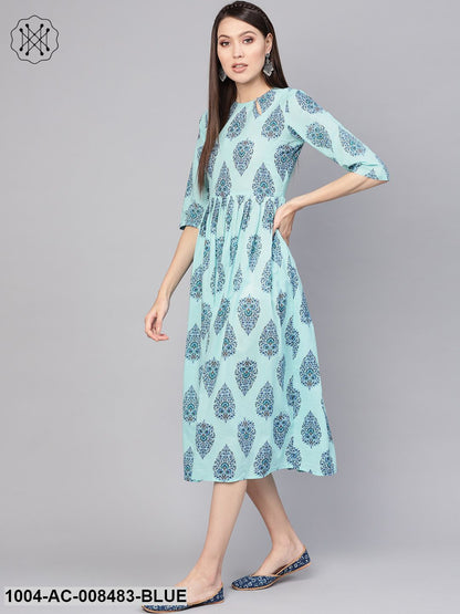 Pastel Blue Floral Motifs Printed 3/4Th Sleeve Cotton Maxi Dress