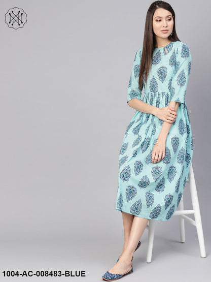 Pastel Blue Floral Motifs Printed 3/4Th Sleeve Cotton Maxi Dress