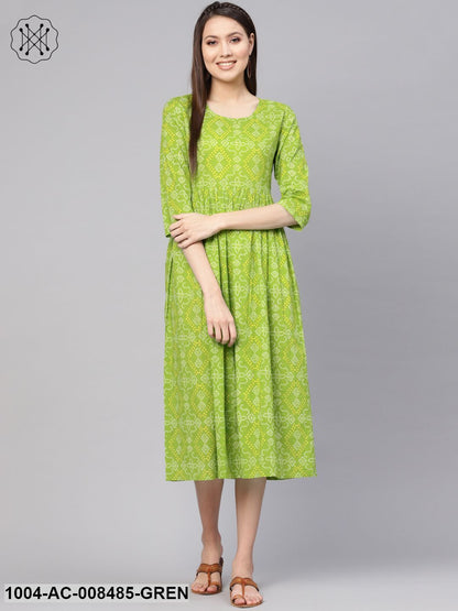 Green Bandhej Printed Round Neck 3/4Th Sleeves Midi Gathered Dress