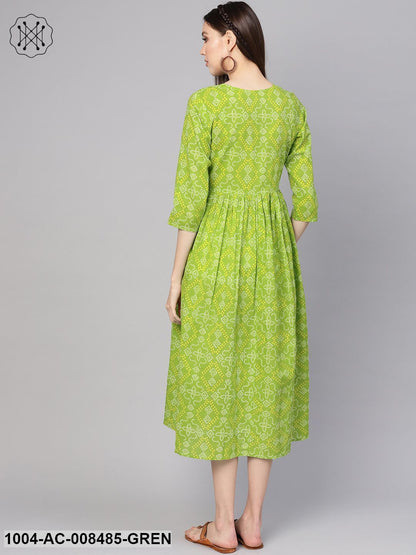 Green Bandhej Printed Round Neck 3/4Th Sleeves Midi Gathered Dress