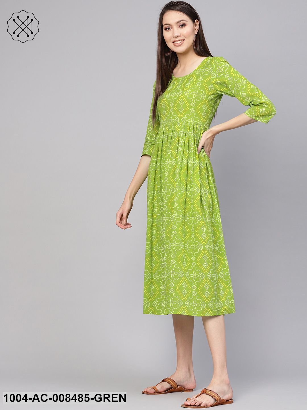 Green Bandhej Printed Round Neck 3/4Th Sleeves Midi Gathered Dress