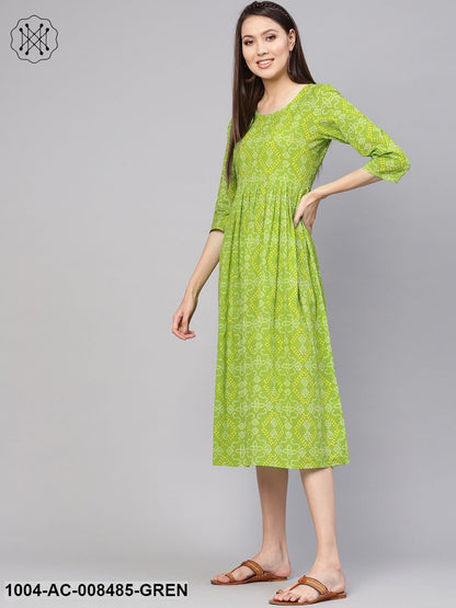 Green Bandhej Printed Round Neck 3/4Th Sleeves Midi Gathered Dress