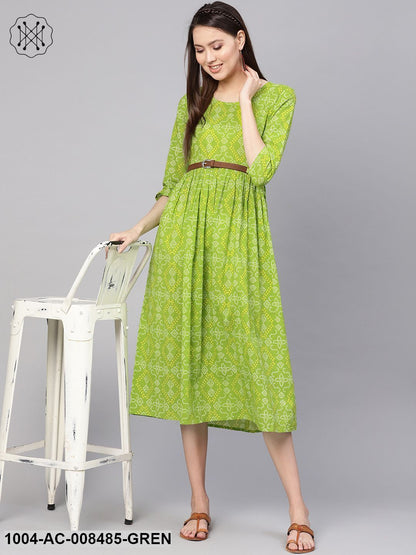 Green Bandhej Printed Round Neck 3/4Th Sleeves Midi Gathered Dress