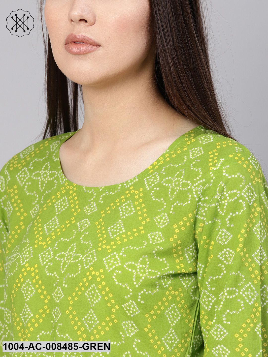 Green Bandhej Printed Round Neck 3/4Th Sleeves Midi Gathered Dress