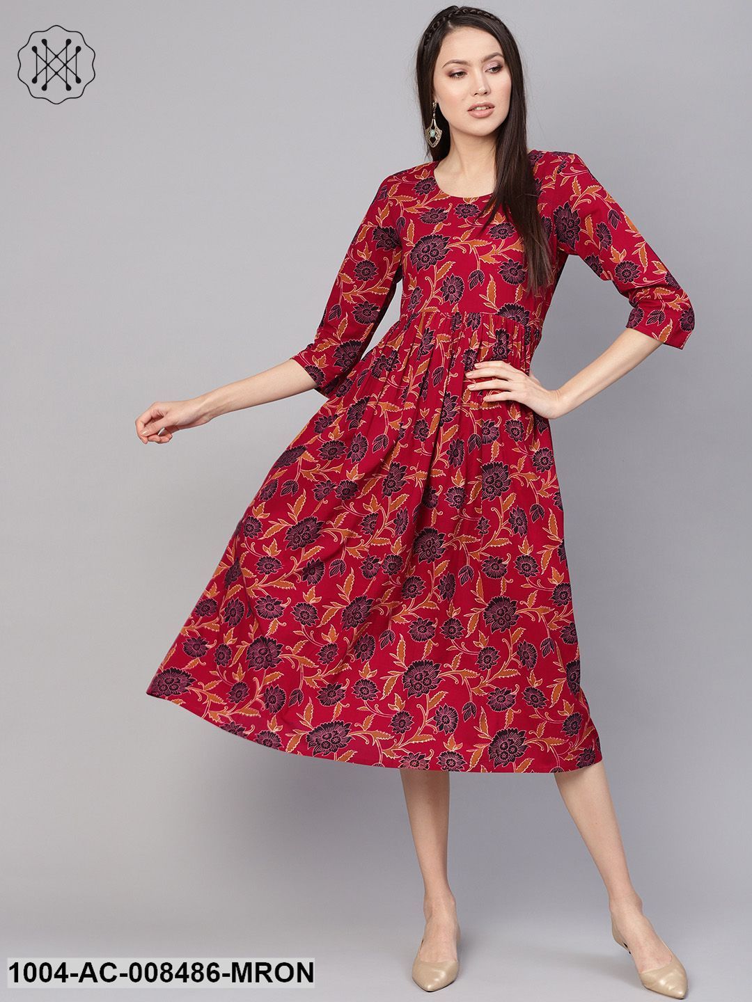 Maroon And Black Floral Printed Round Neck 3/4Th Sleeves Midi Gathered Dress