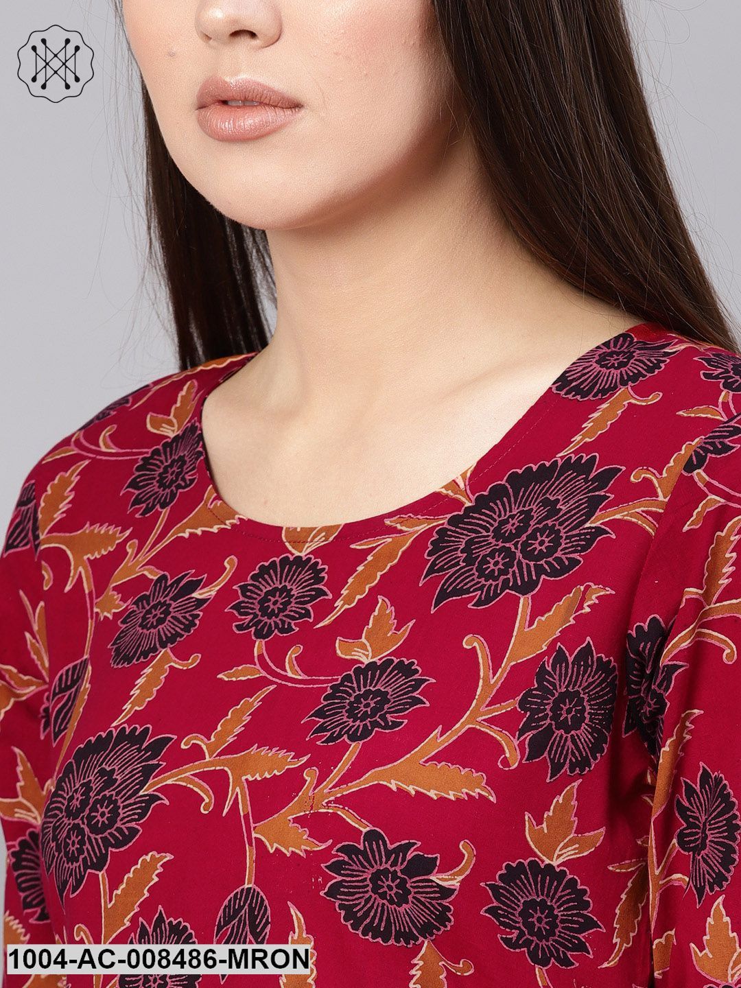 Maroon And Black Floral Printed Round Neck 3/4Th Sleeves Midi Gathered Dress