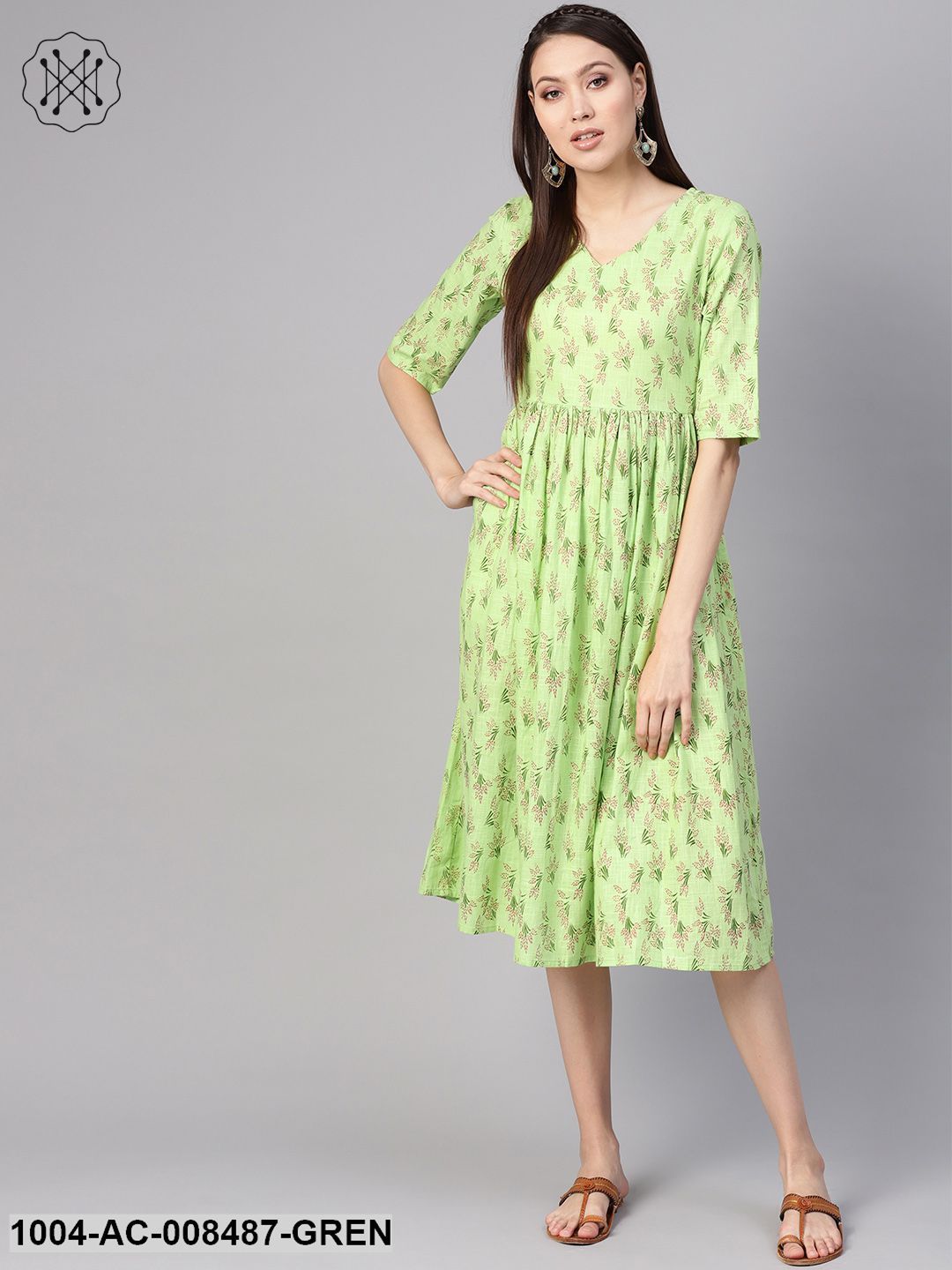 Green Floral Printed V-Neck 3/4Th Sleeves Midi Gathered Dress