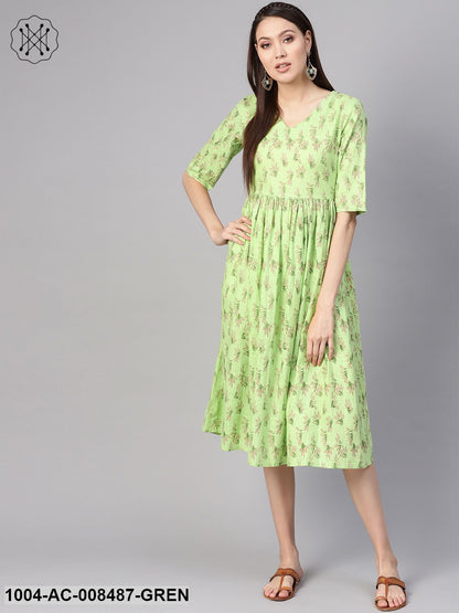 Green Floral Printed V-Neck 3/4Th Sleeves Midi Gathered Dress