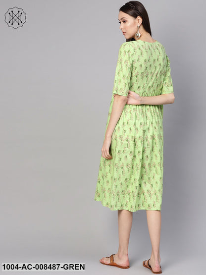 Green Floral Printed V-Neck 3/4Th Sleeves Midi Gathered Dress