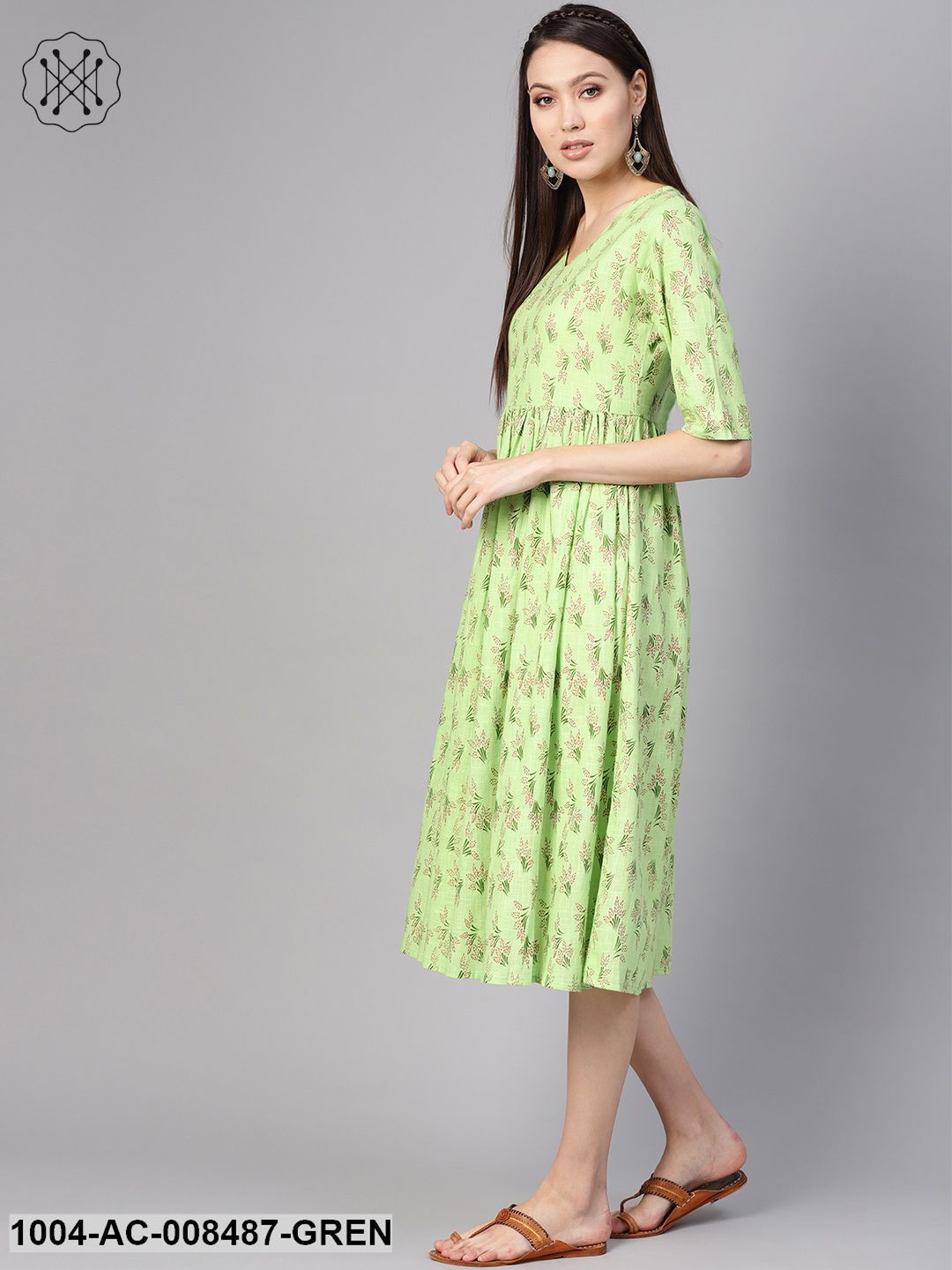 Green Floral Printed V-Neck 3/4Th Sleeves Midi Gathered Dress