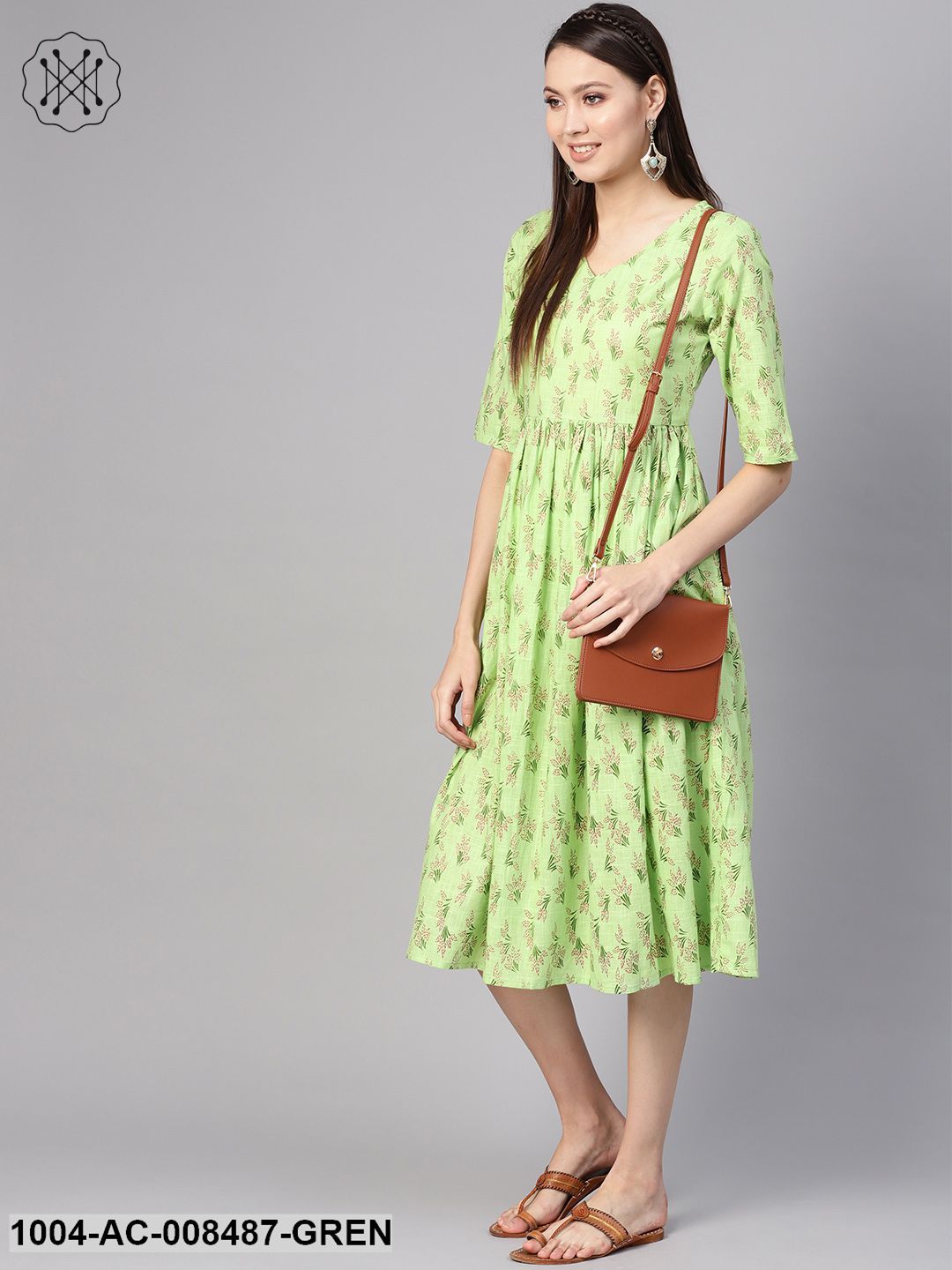 Green Floral Printed V-Neck 3/4Th Sleeves Midi Gathered Dress
