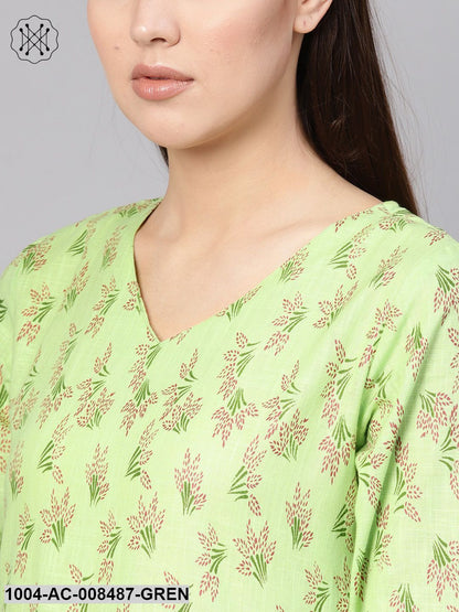 Green Floral Printed V-Neck 3/4Th Sleeves Midi Gathered Dress