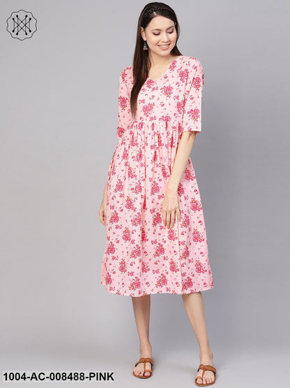 Pink Floral Printed V-Neck 3/4Th Sleeves Midi Gathered Dress