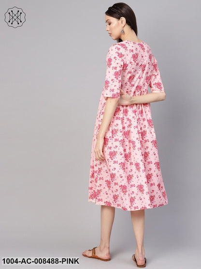 Pink Floral Printed V-Neck 3/4Th Sleeves Midi Gathered Dress