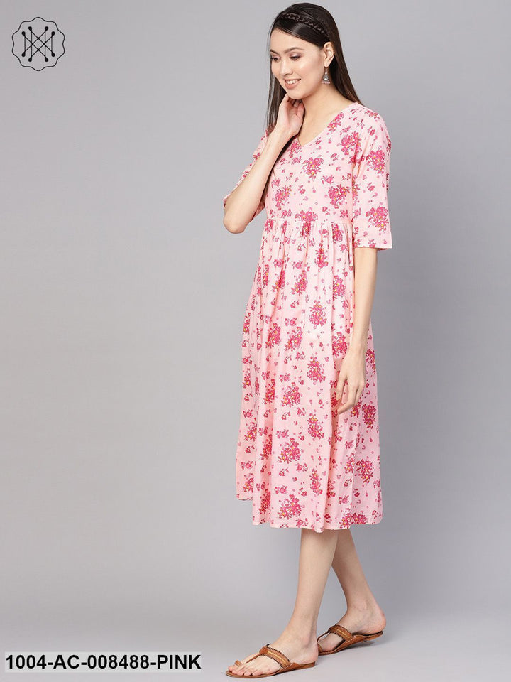 Pink Floral Printed V-Neck 3/4Th Sleeves Midi Gathered Dress