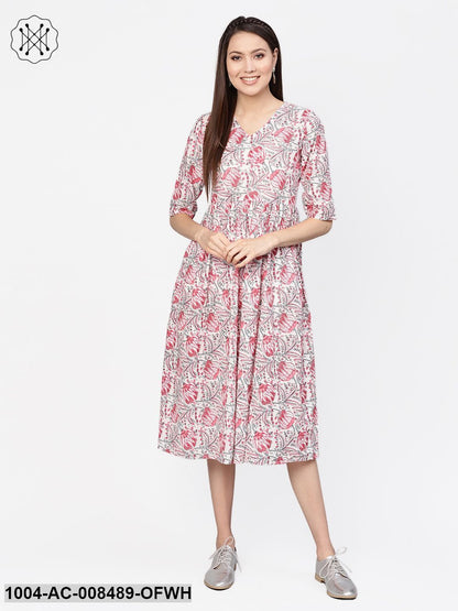Off White And Pink Floral Printed V-Neck 3/4Th Sleeves Midi Gathered Dress