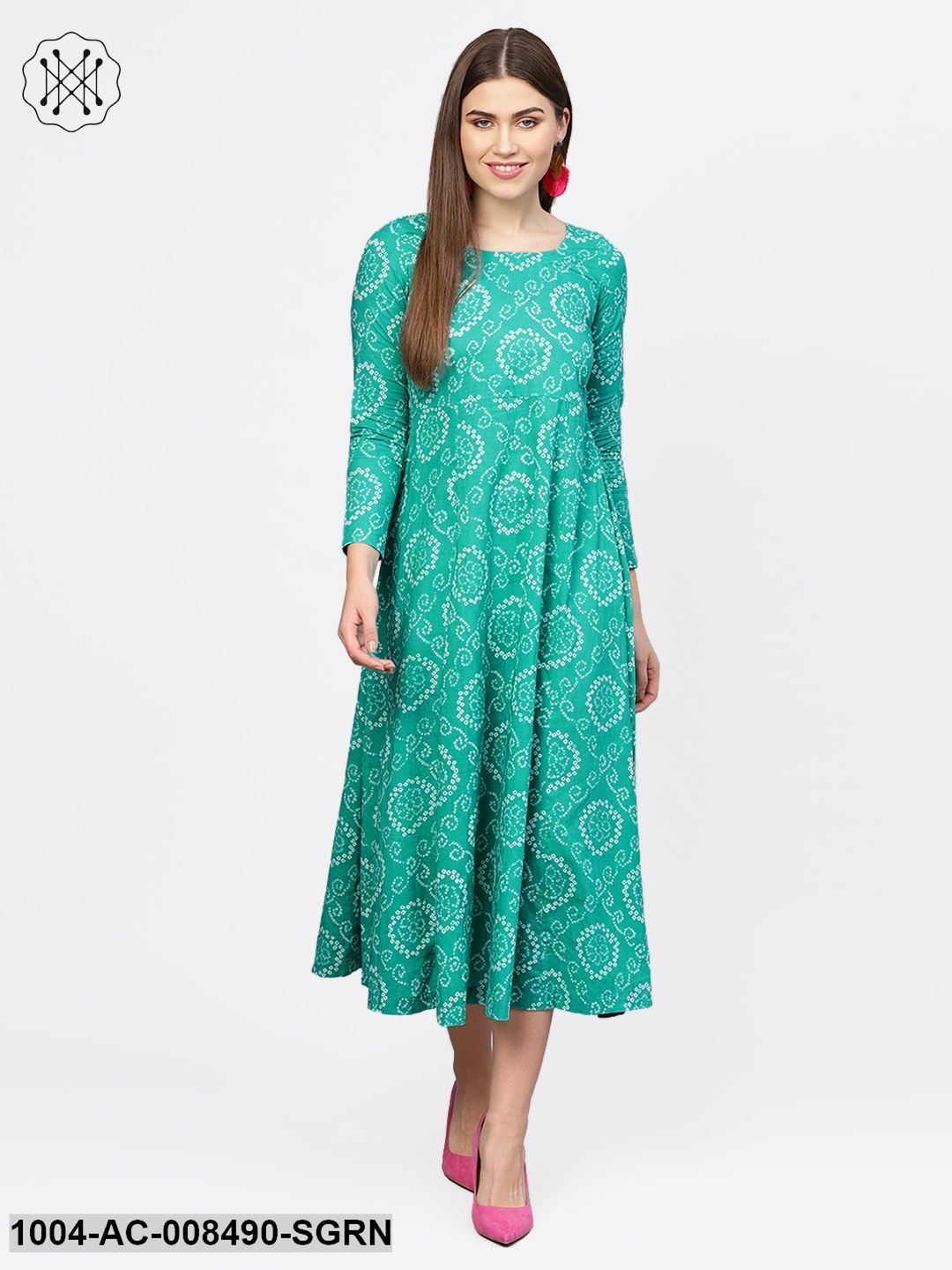 Sea Green Printed 3/4Th Sleeve Flared Maxi Dress