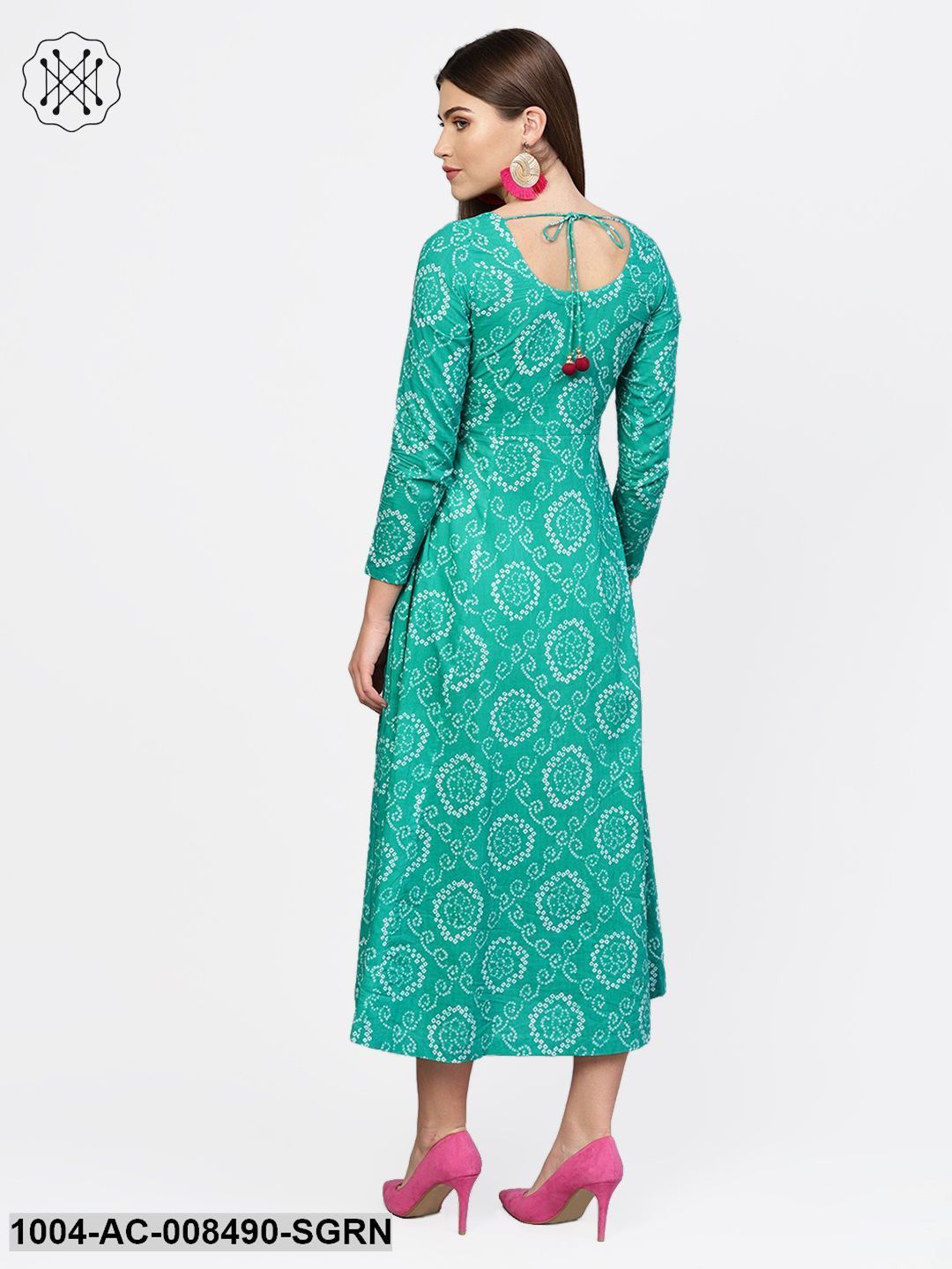 Sea Green Printed 3/4Th Sleeve Flared Maxi Dress