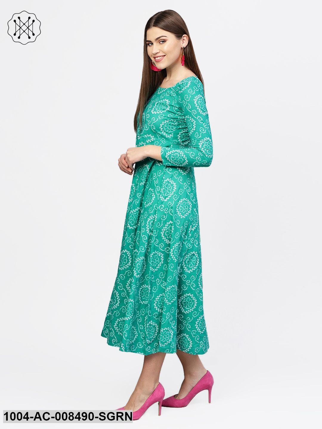 Sea Green Printed 3/4Th Sleeve Flared Maxi Dress