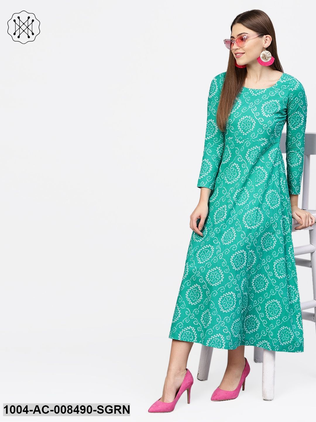 Sea Green Printed 3/4Th Sleeve Flared Maxi Dress