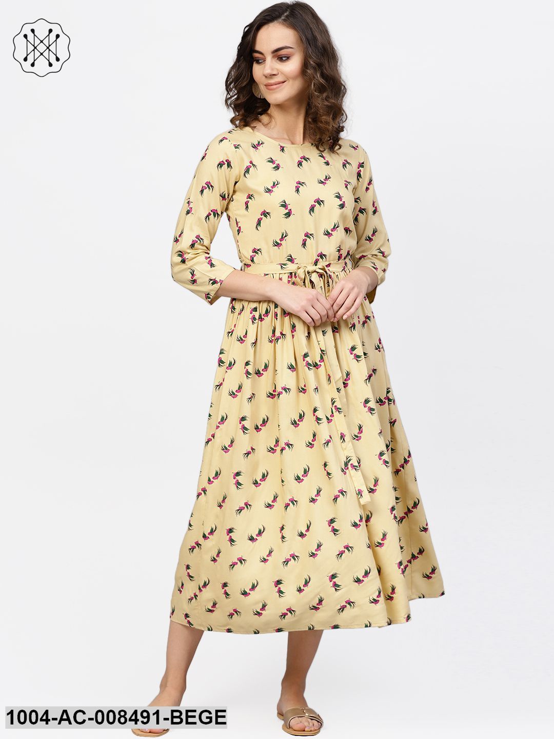 Beige 3/4Th Sleeve Flared Maxi Dress