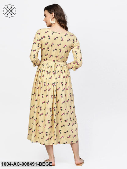 Beige 3/4Th Sleeve Flared Maxi Dress