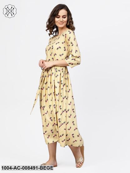 Beige 3/4Th Sleeve Flared Maxi Dress