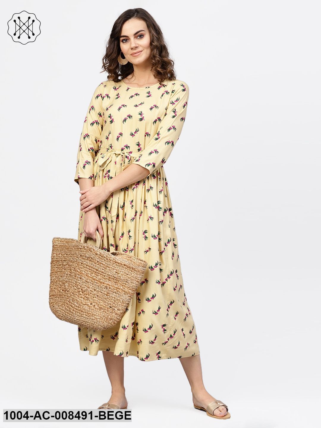 Beige 3/4Th Sleeve Flared Maxi Dress