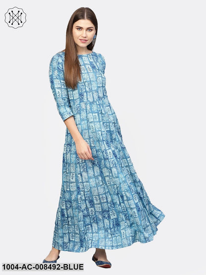 Light Blue Printed 3/4Th Sleeve Cotton Maxi Dress