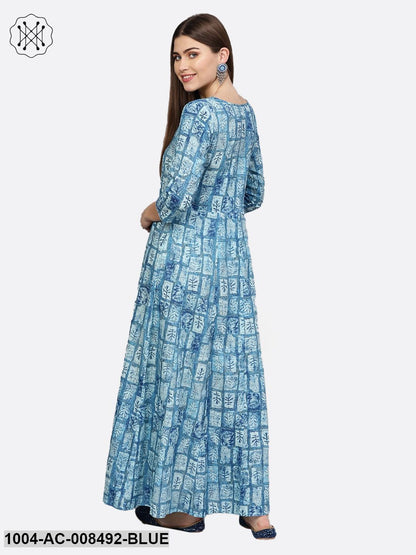 Light Blue Printed 3/4Th Sleeve Cotton Maxi Dress