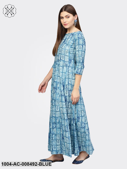 Light Blue Printed 3/4Th Sleeve Cotton Maxi Dress