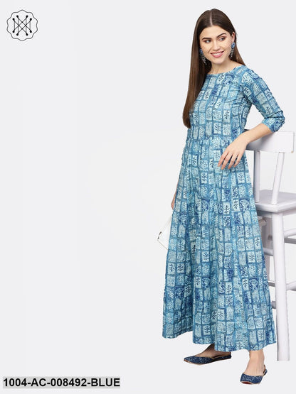 Light Blue Printed 3/4Th Sleeve Cotton Maxi Dress