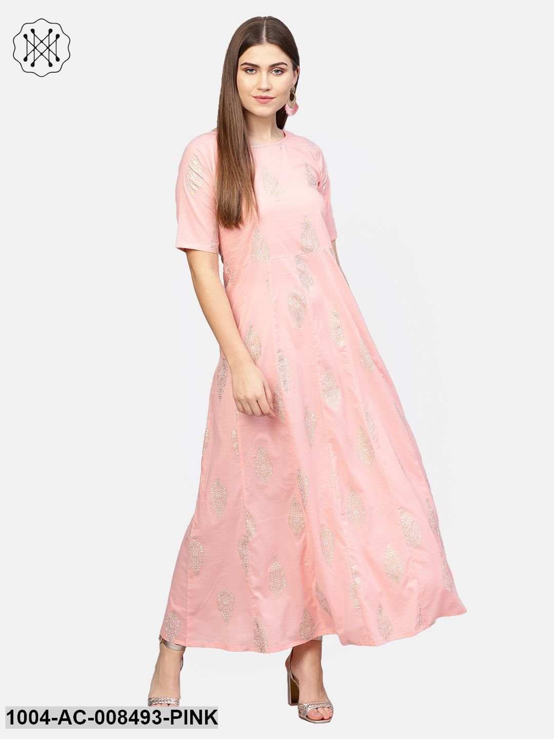 Light Pink With Gold Printed Half Sleeve Cotton Maxi Dress