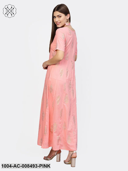 Light Pink With Gold Printed Half Sleeve Cotton Maxi Dress