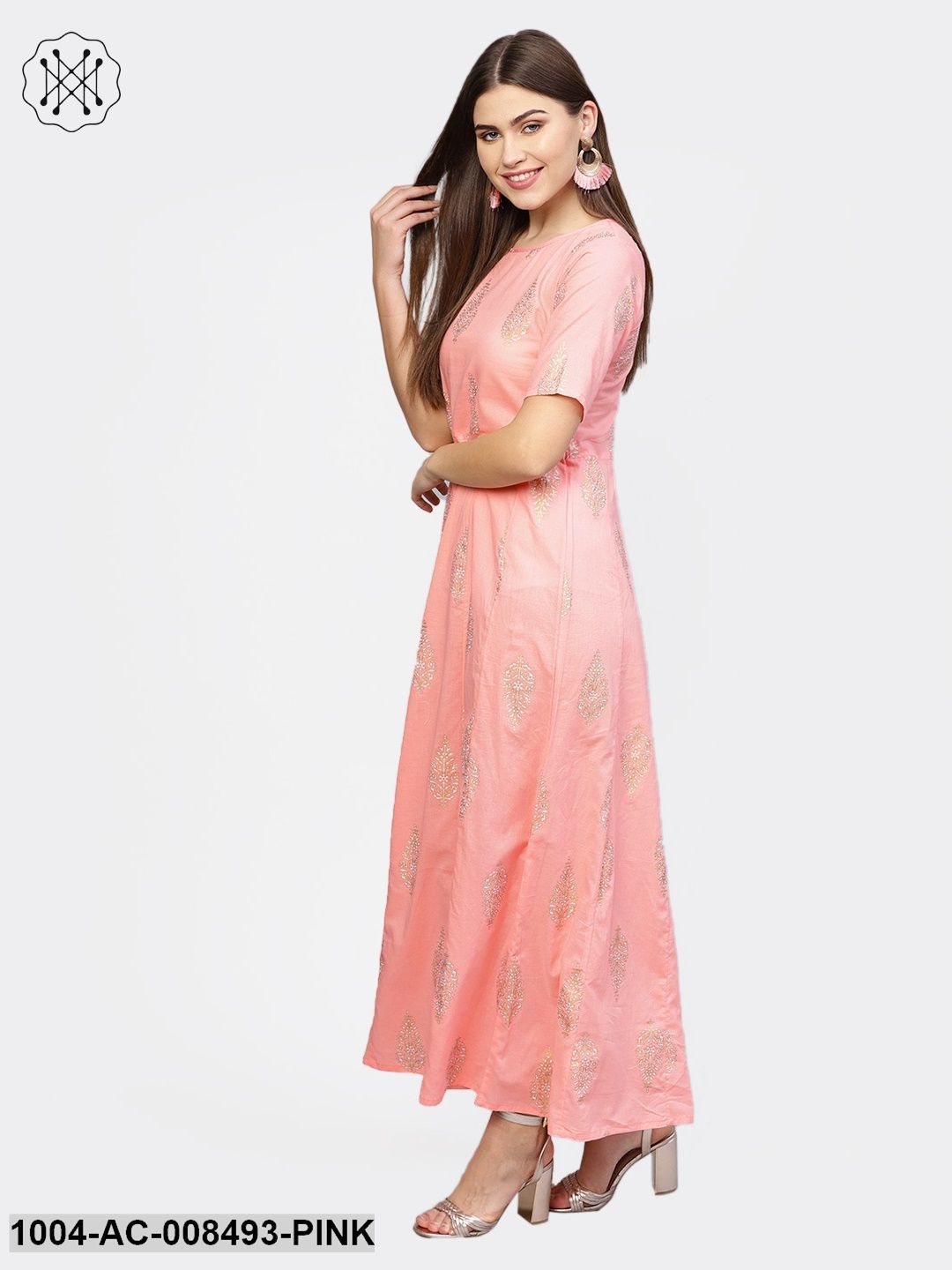 Light Pink With Gold Printed Half Sleeve Cotton Maxi Dress