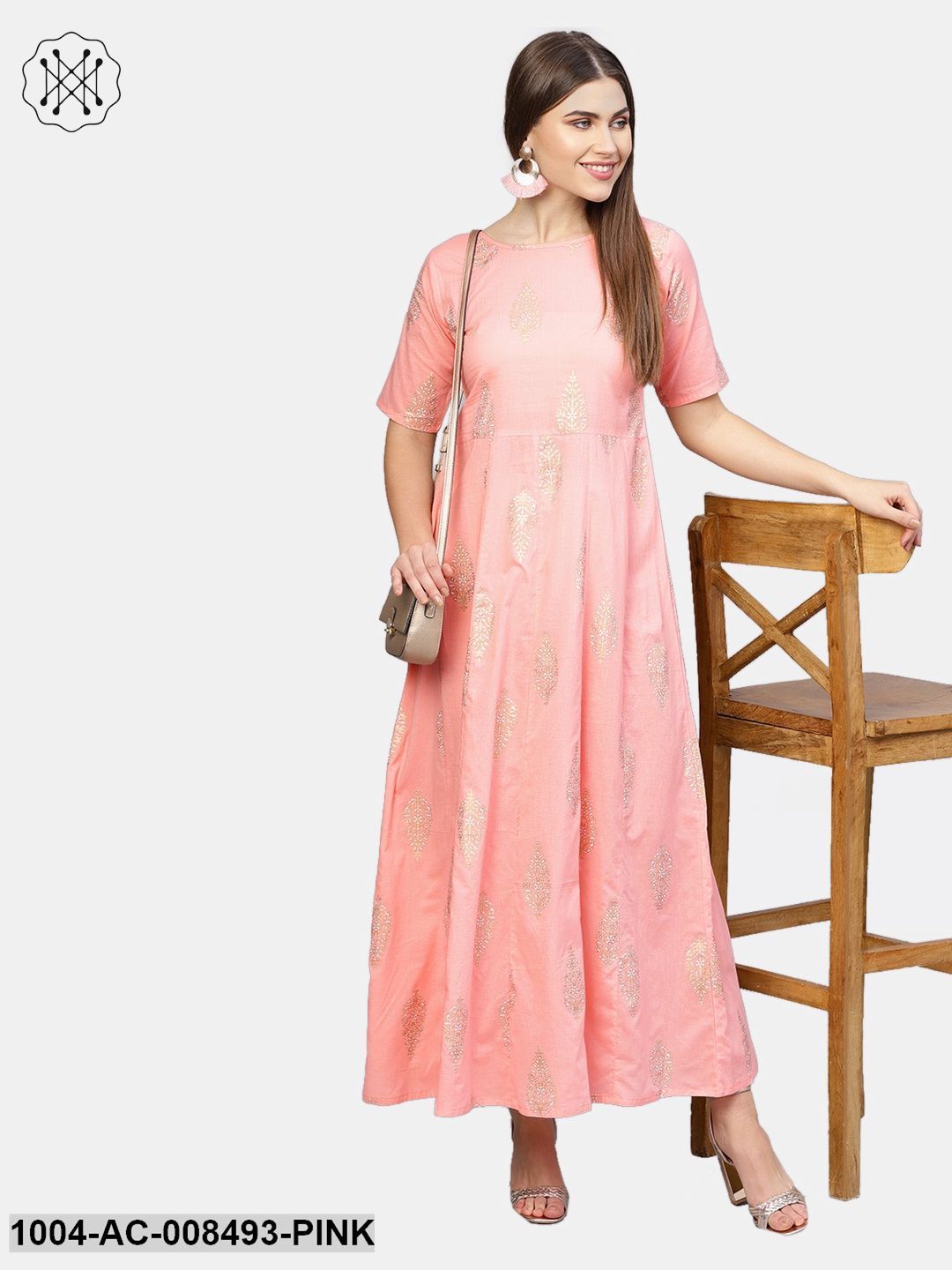 Light Pink With Gold Printed Half Sleeve Cotton Maxi Dress