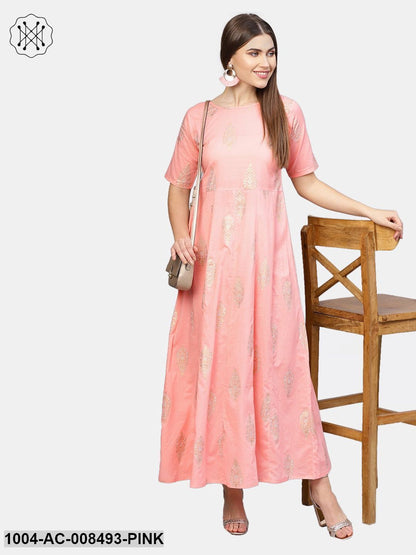 Light Pink With Gold Printed Half Sleeve Cotton Maxi Dress