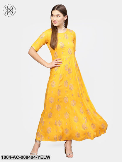 Yellow With Gold Printed Half Sleeve Cotton Maxi Dress