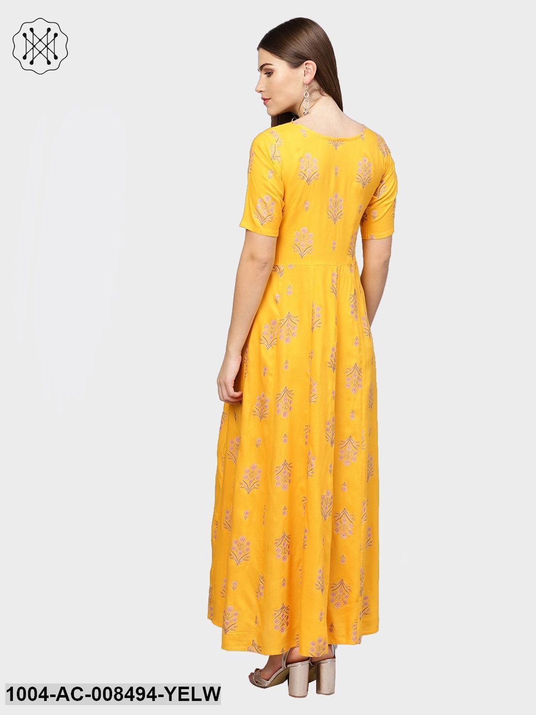 Yellow With Gold Printed Half Sleeve Cotton Maxi Dress