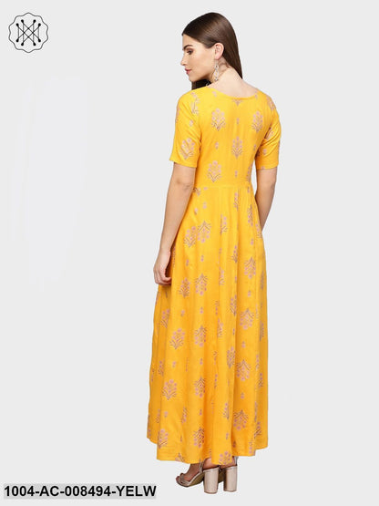 Yellow With Gold Printed Half Sleeve Cotton Maxi Dress