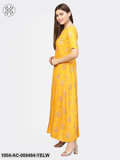 Yellow With Gold Printed Half Sleeve Cotton Maxi Dress