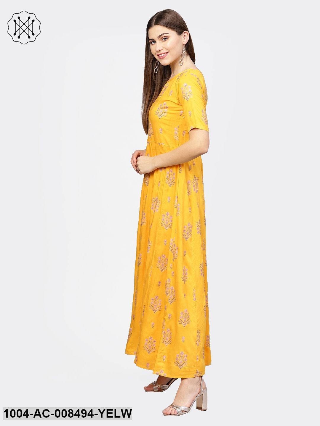 Yellow With Gold Printed Half Sleeve Cotton Maxi Dress