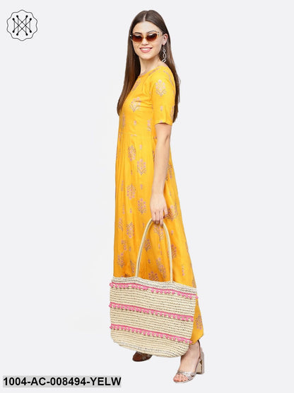 Yellow With Gold Printed Half Sleeve Cotton Maxi Dress