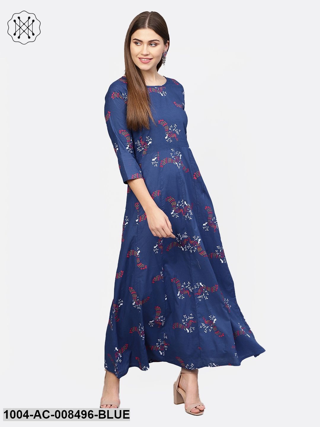 Blue & Cobalt Printed Half Sleeve Cotton Maxi Dress