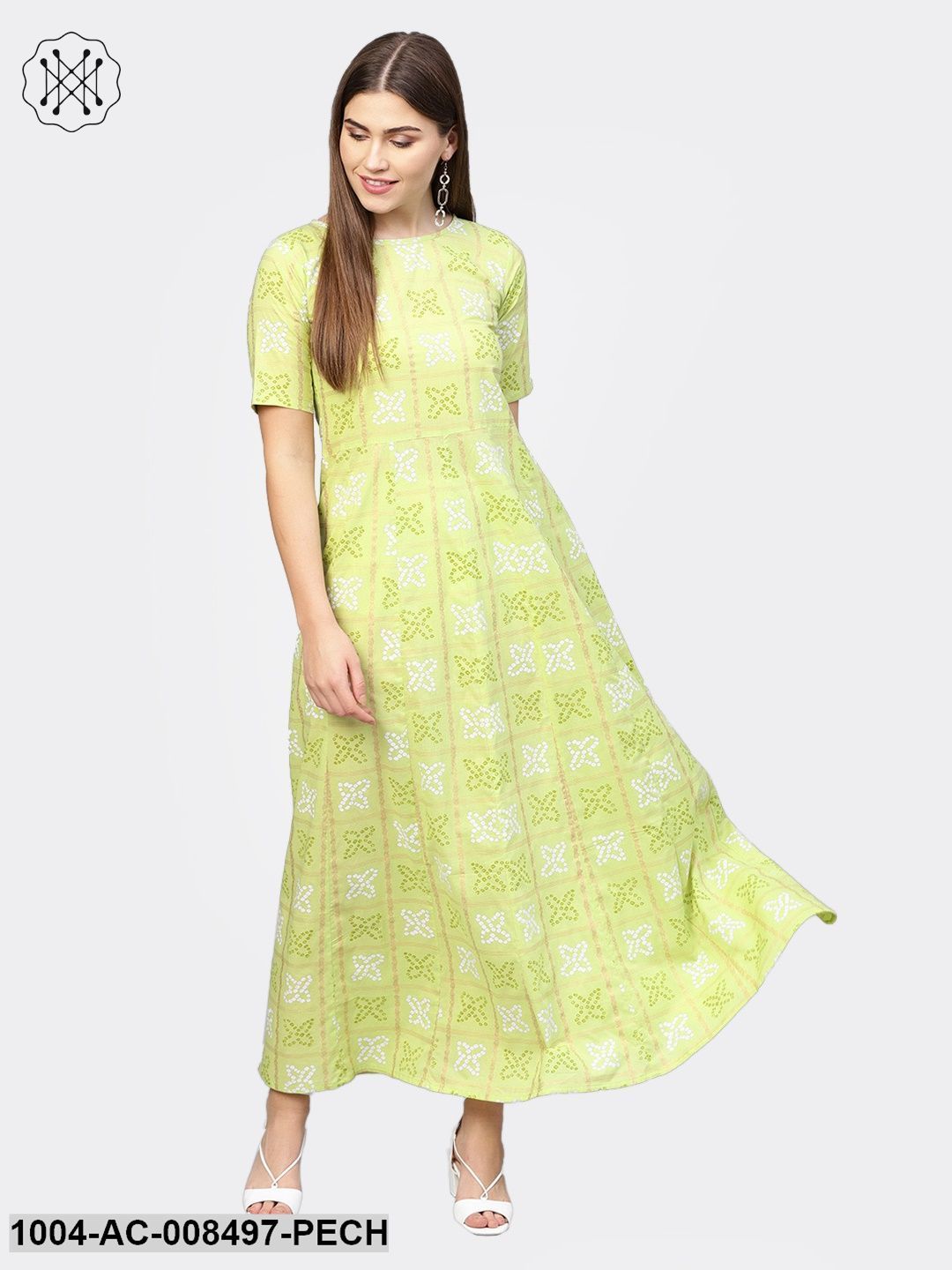 Peach Printed 3/4Th Sleeve Rayon Maxi Dress
