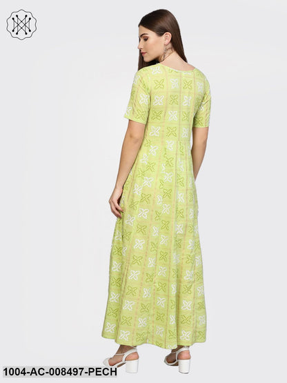 Peach Printed 3/4Th Sleeve Rayon Maxi Dress