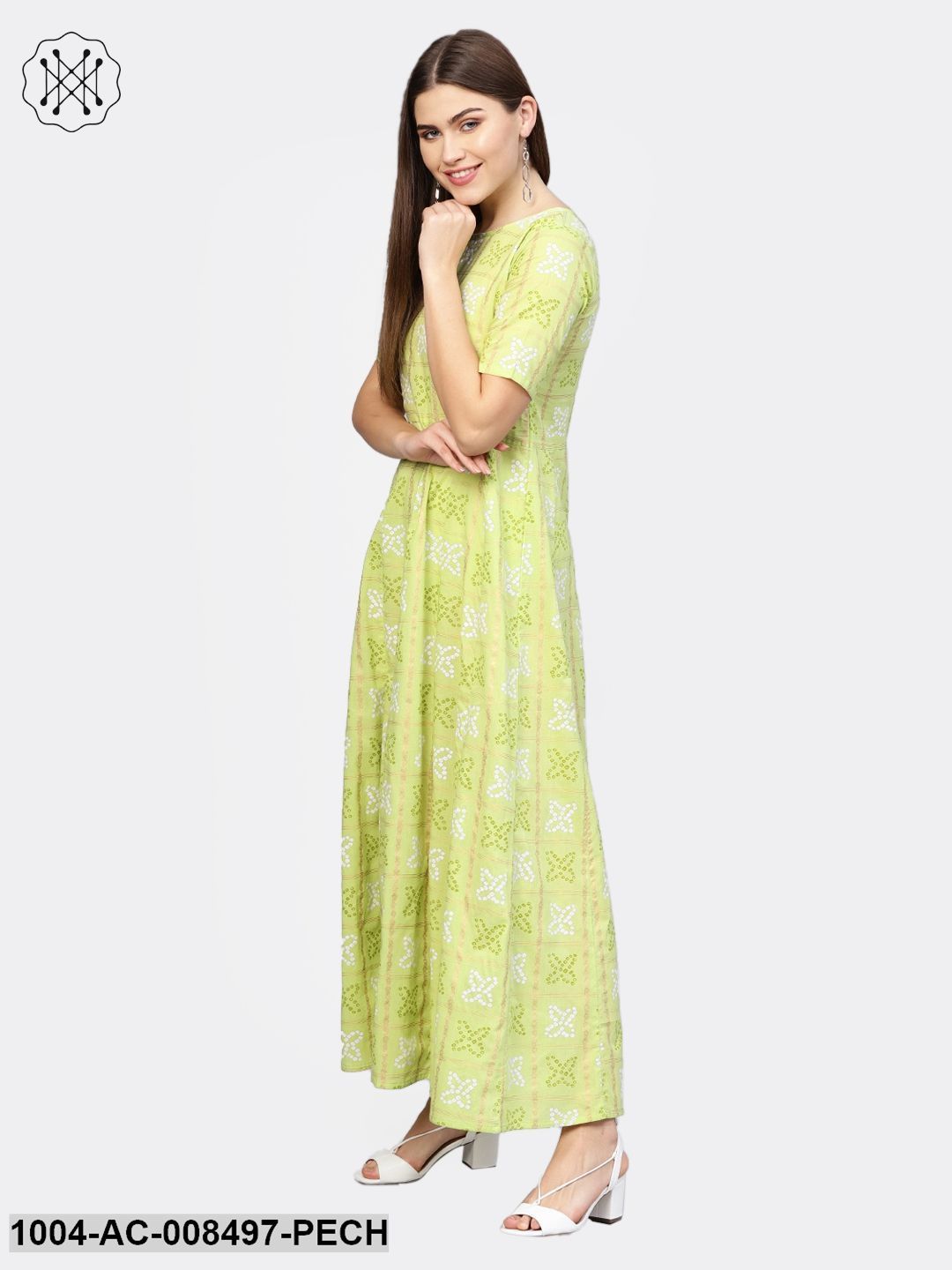 Peach Printed 3/4Th Sleeve Rayon Maxi Dress